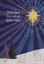 Front of a religious greeting card featuring a glowing gold Star of Bethlehem against a deep blue sky with rays, two festive fir trees, and the message 'His love is forever. His joy never ends. His Peace is eternal.'