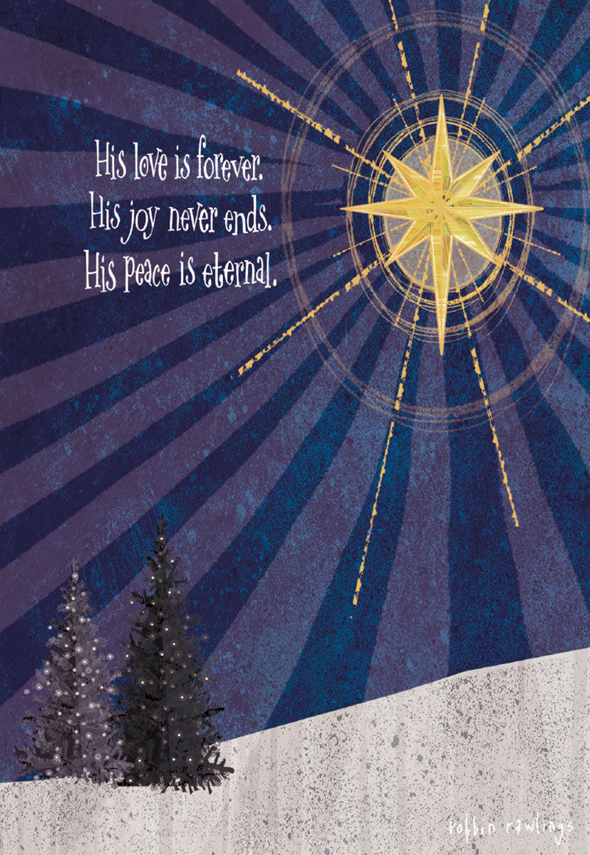 Front of a religious greeting card featuring a glowing gold Star of Bethlehem against a deep blue sky with rays, two festive fir trees, and the message 'His love is forever. His joy never ends. His Peace is eternal.'