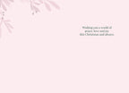 Inside of a religious Christmas greeting card with a pale pink background and subtle light pink foliage in the corner. Black text reads 'Wishing you a world of peace, love and joy this Christmas and always.'