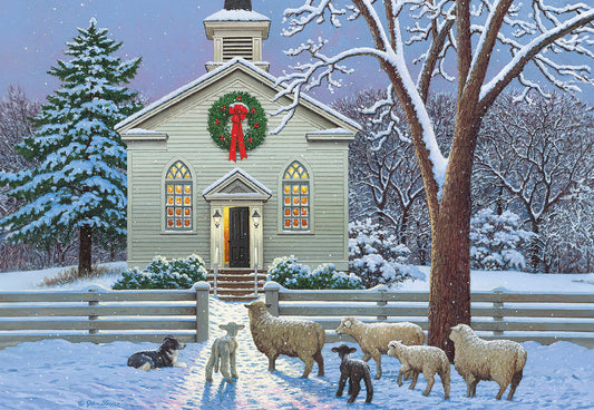 Sheep & Dog Outside Church At Xmas Christmas Card Single