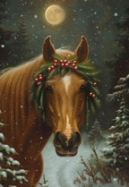Enchanting brown horse wearing a festive evergreen wreath with red berries, surrounded by snow-covered pine trees under a glowing full moon, creating a magical winter scene on this greeting card.