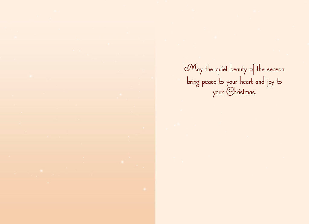 Inside view of a heartfelt seasonal greeting card, featuring a soft peach gradient background and the elegant script message: 'May the quiet beauty of the season bring peace to your heart and joy to your Christmas.'
