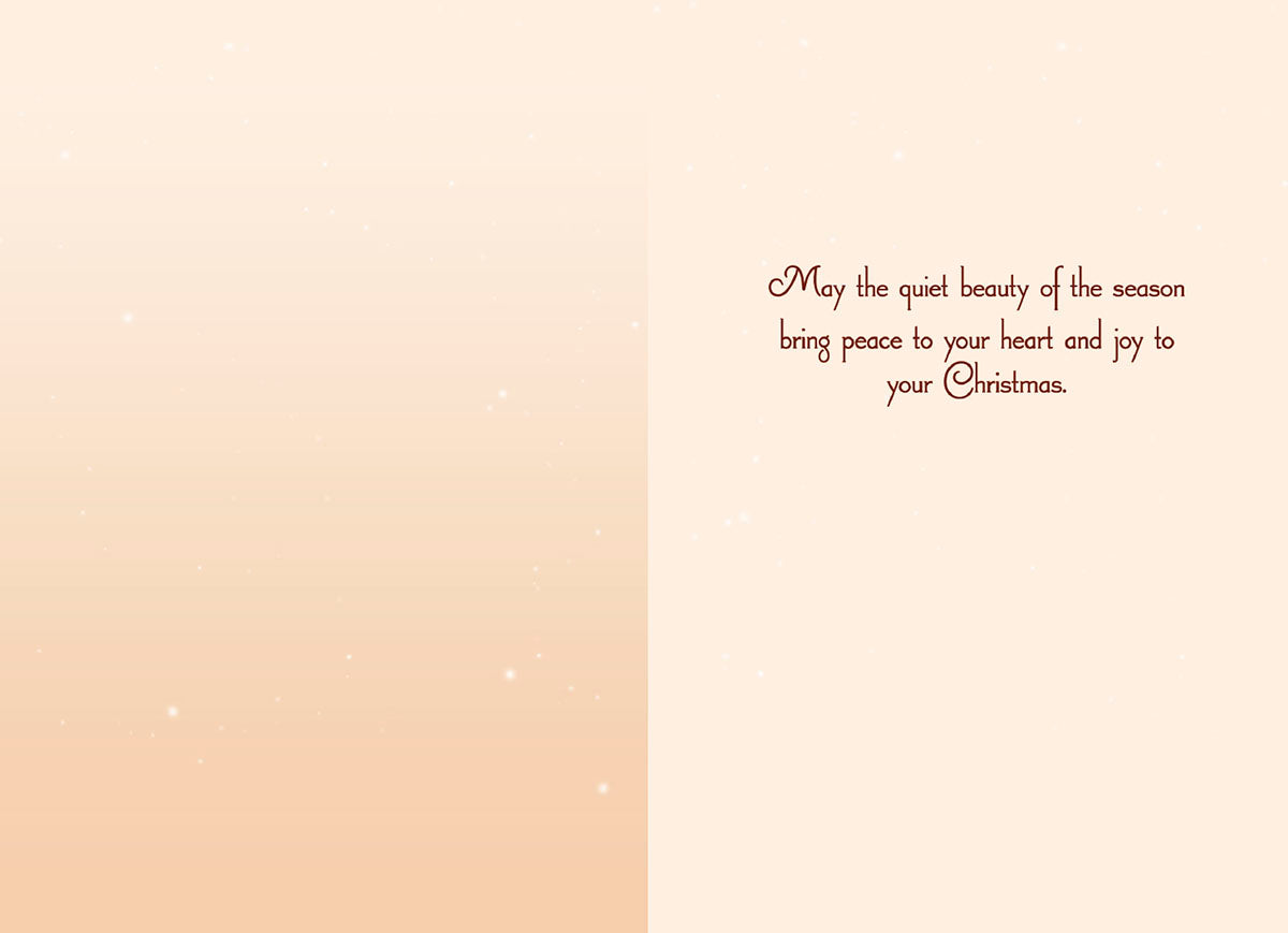 Inside view of a heartfelt seasonal greeting card, featuring a soft peach gradient background and the elegant script message: 'May the quiet beauty of the season bring peace to your heart and joy to your Christmas.'