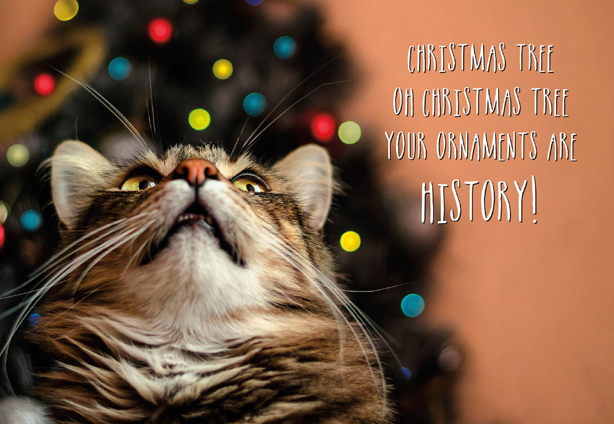 Humorous Christmas card featuring a mischievous tabby cat with bright yellow eyes looking up at a blurry decorated tree, with text 'CHRISTMAS TREE OH CHRISTMAS TREE YOUR ORNAMENTS ARE HISTORY!'. Perfect for pet lovers.