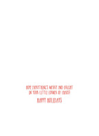 Inside view of a funny holiday greeting card with red text 'HOPE EVERYTHING'S MERRY AND BRIGHT IN YOUR LITTLE CORNER OF CHAOS! HAPPY HOLIDAYS' on a clean white background.