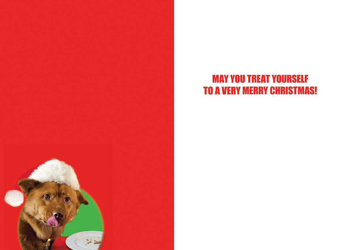Inside of a funny holiday card showing a dog wearing a Santa hat with text 'MAY YOU TREAT YOURSELF TO A VERY MERRY CHRISTMAS!' on a white background.
