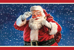 Festive Santa Claus greeting card design featuring a jolly, winking Santa adjusting his spectacles, set against a magical snowy blue background with a red border. Perfect for holiday wishes and seasonal greetings.
