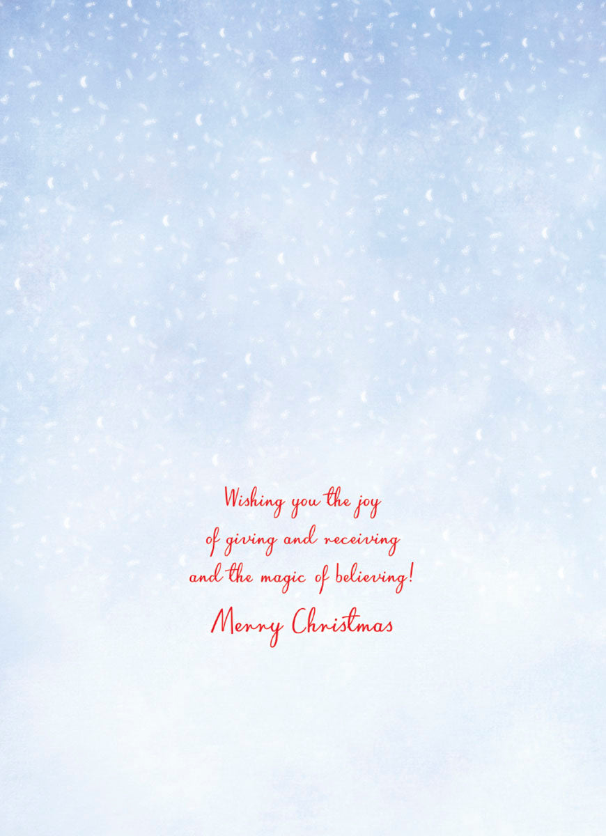 Inside of a holiday greeting card featuring elegant red script: 'Wishing you the joy of giving and receiving and the magic of believing! Merry Christmas.' surrounded by a soft blue snowfall background.