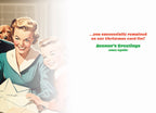 Inside of a funny holiday card showing a retro 1950s mom and child smiling while writing cards. Features humorous text: '...you successfully remained on our Christmas card list! Season's Greetings (once again)'.