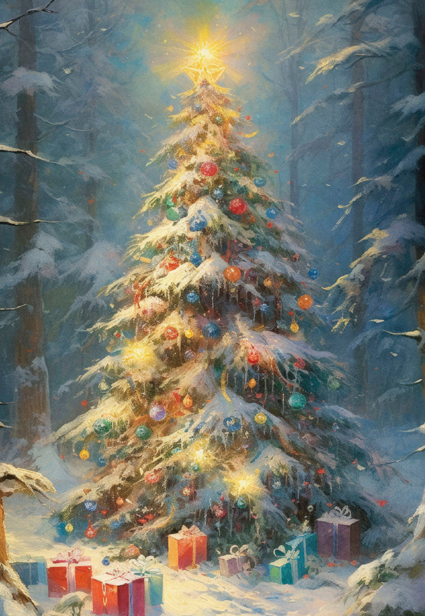 Enchanting snow-covered Christmas tree adorned with colorful twinkling lights and star topper, surrounded by a magical winter forest and wrapped holiday gifts, evoking a festive wonderland scene.