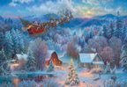 Detailed illustration of Santa's sleigh pulled by reindeer flying over a snow-covered village at twilight, with twinkling lights, a decorated pine tree, and cozy cottages under a full moon, evoking a magical holiday scene.