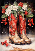 Rustic holiday greeting card featuring vintage red and beige cowboy boots overflowing with white poinsettias, red roses, and festive holly with red bows, against a snowy dark background.