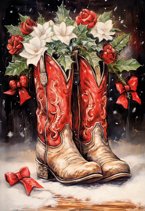 Rustic holiday greeting card featuring a detailed painting of red and tan cowboy boots filled with white poinsettias, red roses, and green holly leaves, surrounded by falling snow and red festive bows, perfect for seasonal greetings.