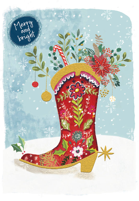 Merry & Bright Cowboy Boot Christmas Card Single
