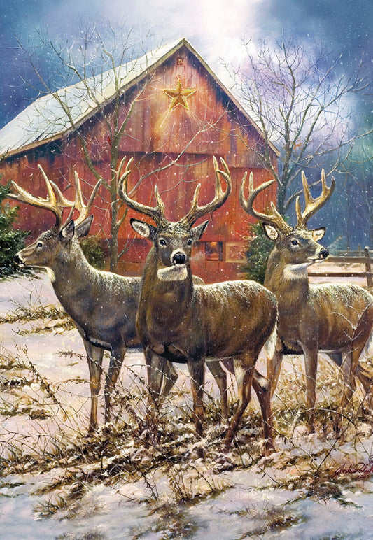 Whitetail Bucks Outside Barn Christmas Card Single