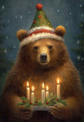 A friendly brown bear wearing a green and red festive elf hat, holding a tray with five lit candles and a holly garland, set against a dark, starry background. Ideal for heartfelt holiday greetings.