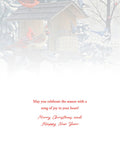 Heartfelt greeting card featuring a serene winter scene with a wooden bird feeder, vibrant red cardinals, a blue jay, nuthatches, and chickadees nestled among snow-dusted evergreen branches, conveying warm holiday wishes.