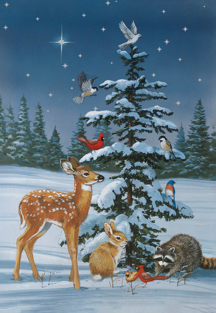 SEO-optimized image of a serene religious Christmas greeting card front. Features a snowy winter forest at night, with a guiding star above a snow-covered evergreen tree. A fawn, rabbit, and raccoon gather near the tree, accompanied by various birds including cardinals, a chickadee, bluebird, and a dove. This peaceful wildlife scene evokes 'Peace on Earth' holiday spirit.