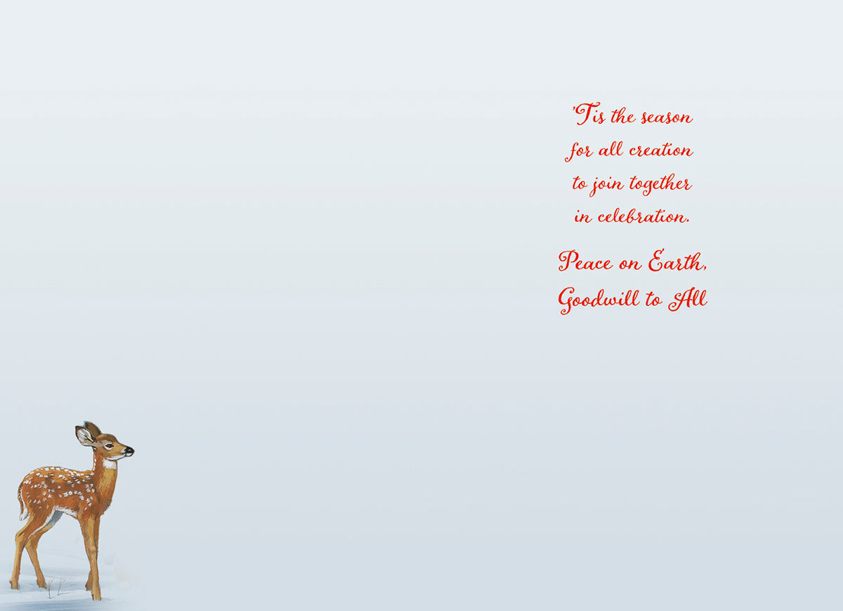 SEO-optimized image of the inside of a religious Christmas greeting card. The elegant red script reads: "‘Tis the season for all creation to join together in celebration. Peace on Earth, Goodwill to All." A small illustration of a fawn is in the bottom left corner, complementing the card's peaceful winter animal theme.