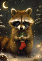 Adorable raccoon in a snowy forest holding a miniature red Christmas stocking with pine sprigs, under a crescent moon and falling snowflakes. Perfect for a cute holiday greeting card.