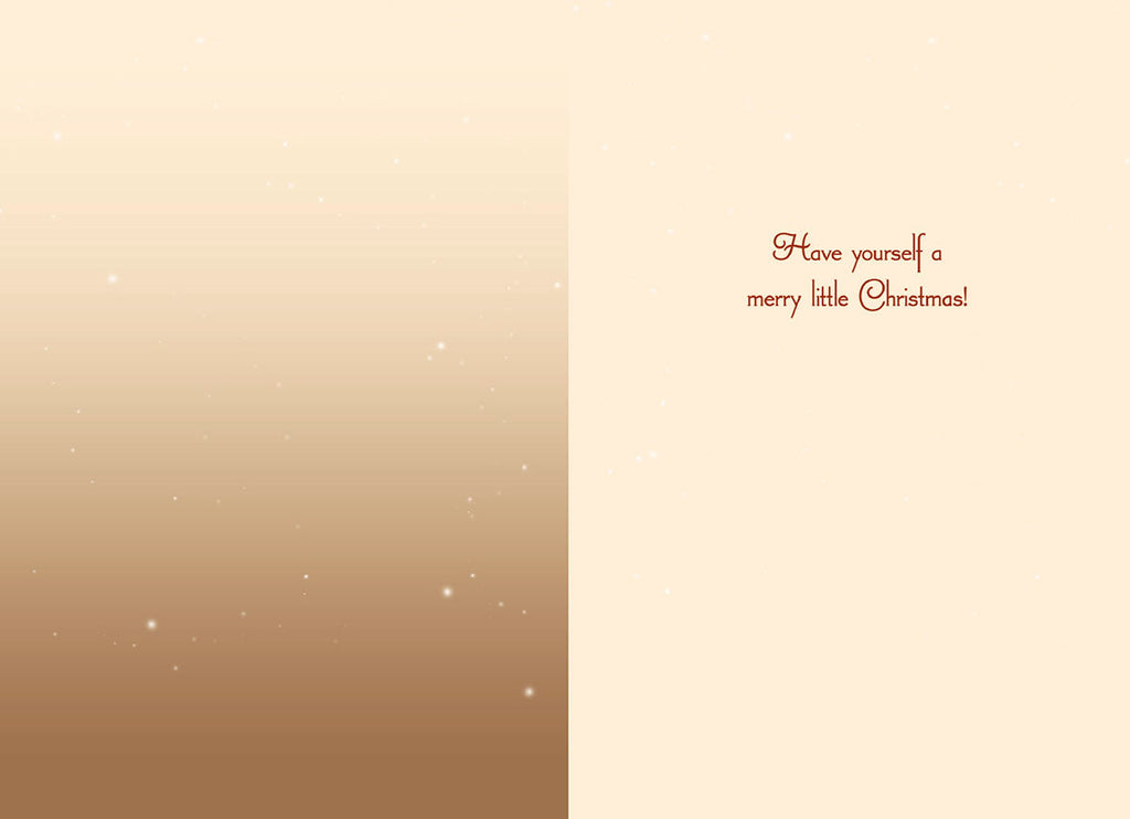 Inside of a holiday greeting card featuring a warm gradient background and the festive message "Have yourself a merry little Christmas!" in elegant red script.