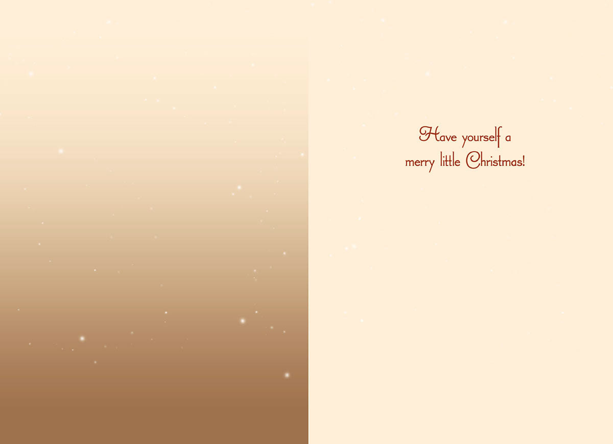 Inside of a holiday greeting card featuring a warm gradient background and the festive message "Have yourself a merry little Christmas!" in elegant red script.