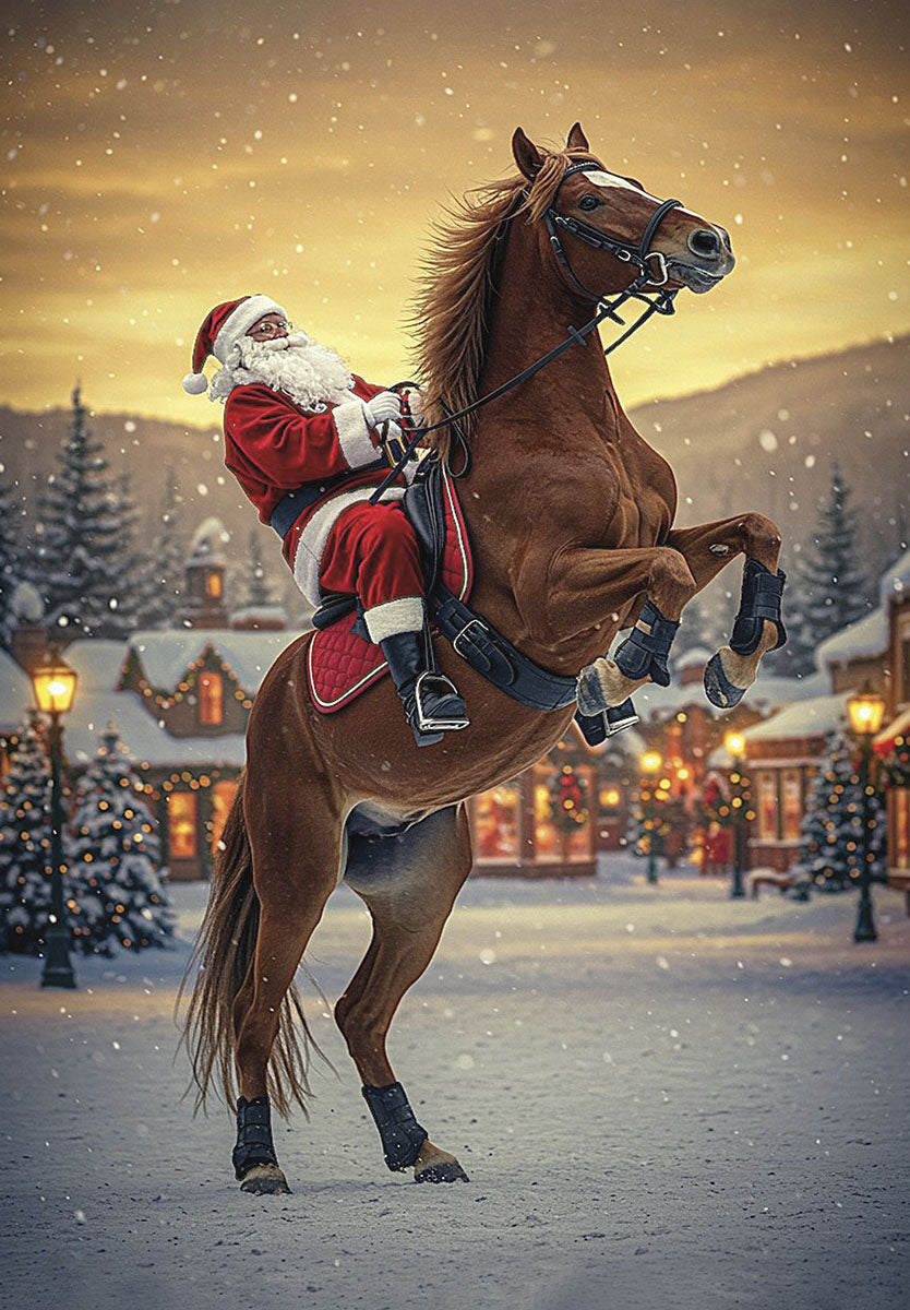 Funny holiday greeting card showing Santa Claus joyfully riding a majestic brown horse rearing up in a snow-covered festive village street at sunset, adorned with twinkling lights and frosted evergreen trees. Perfect for sending spirited seasonal greetings.