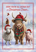 Cute Highland cow, sheep, pig, and chicken wearing Santa hats and scarves in a snowy winter forest, perfect for a joyful holiday greeting card.