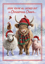 Cute Highland cow, sheep, pig, and chicken wearing Santa hats and scarves in a snowy winter forest, perfect for a joyful holiday greeting card.