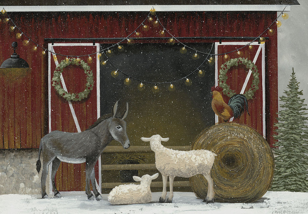 Winter barn scene with donkey, sheep, lamb, and rooster in snow, decorated with festive lights and wreaths, evoking a peaceful holiday spirit.