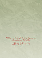 Inside of a festive greeting card with a heartfelt message: 'Wishing you the simple blessings of peace, love and togetherness this holiday. Merry Christmas' on a textured green background.