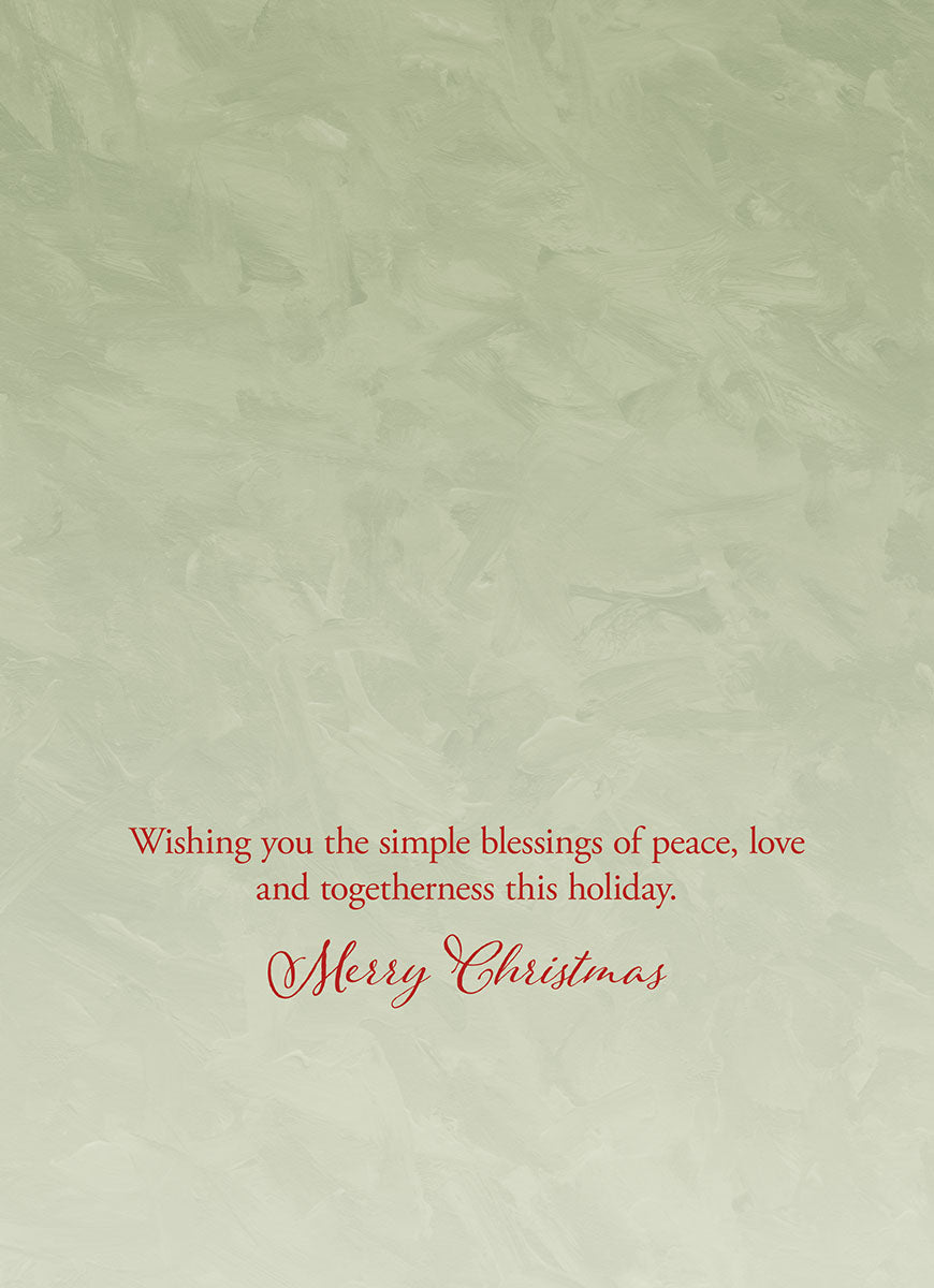 Inside of a festive greeting card with a heartfelt message: 'Wishing you the simple blessings of peace, love and togetherness this holiday. Merry Christmas' on a textured green background.