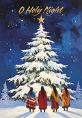 Greeting card depicting a spiritual winter scene with four diverse figures in traditional clothing gazing at a snow-covered evergreen tree topped with a bright star under a starry night sky, with 'O Holy Night' text.