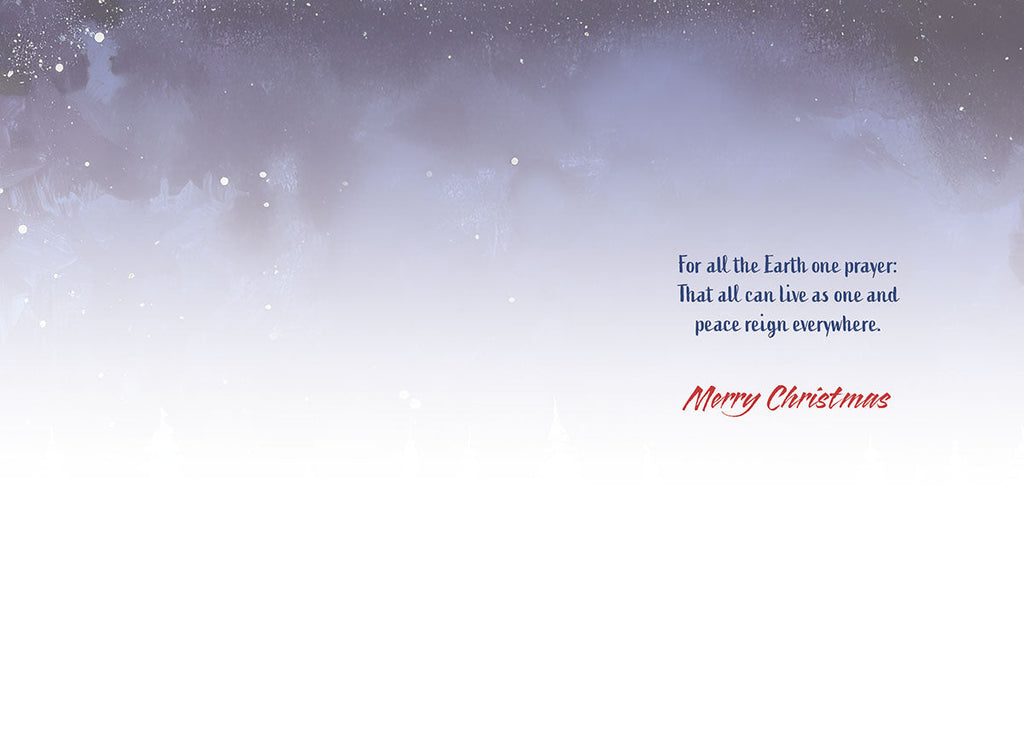 Inside of a religious greeting card with text 'For all the Earth one prayer: That all can live as one and peace reign everywhere. Merry Christmas' on a gradient blue and white snowy background.