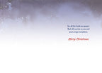 Inside of a religious greeting card with text 'For all the Earth one prayer: That all can live as one and peace reign everywhere. Merry Christmas' on a gradient blue and white snowy background.