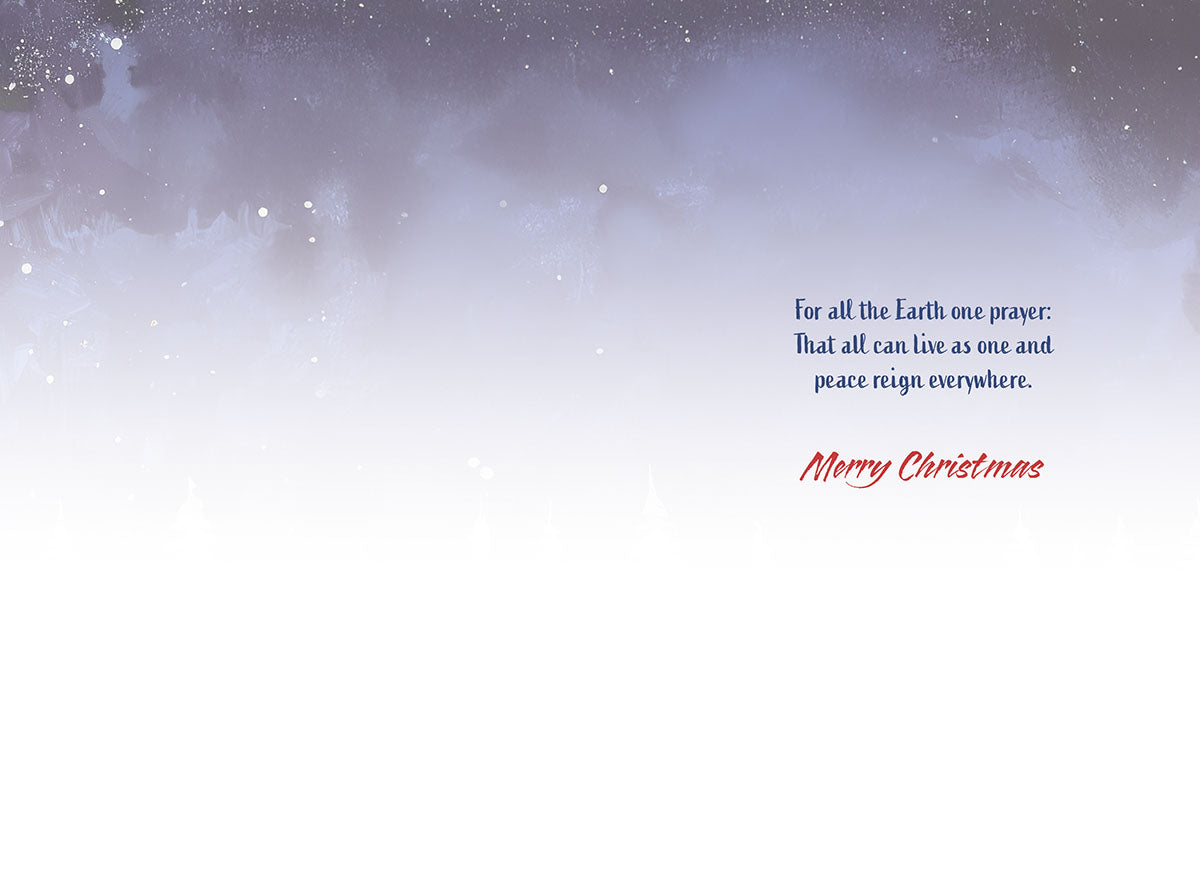 Inside of a religious greeting card with text 'For all the Earth one prayer: That all can live as one and peace reign everywhere. Merry Christmas' on a gradient blue and white snowy background.
