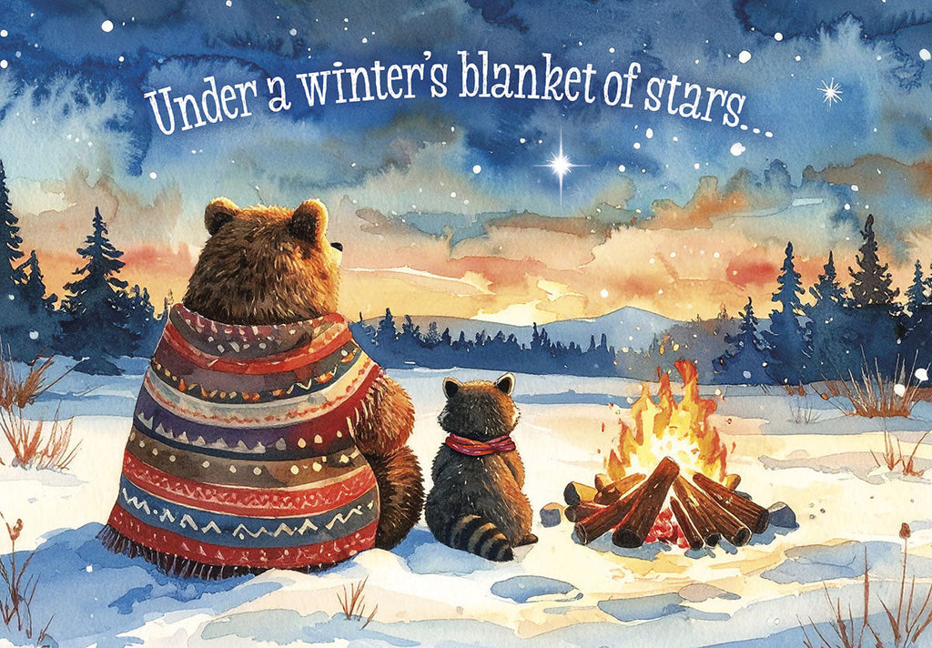 Watercolor illustration of a large bear in a patterned blanket and a small raccoon sitting by a warm campfire in a snowy winter forest, under a night sky filled with stars and the text 'Under a winter's blanket of stars...'. Perfect for sending warm wishes.