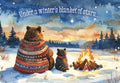Watercolor illustration of a large bear in a patterned blanket and a small raccoon sitting by a warm campfire in a snowy winter forest, under a night sky filled with stars and the text 'Under a winter's blanket of stars...'. Perfect for sending warm wishes.