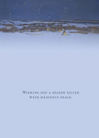 Interior of a religious holiday greeting card showing a peaceful, snowy winter landscape with distant tipis under a starry night sky, with the message 'WISHING YOU A SEASON FILLED WITH HEAVENLY PEACE.'.