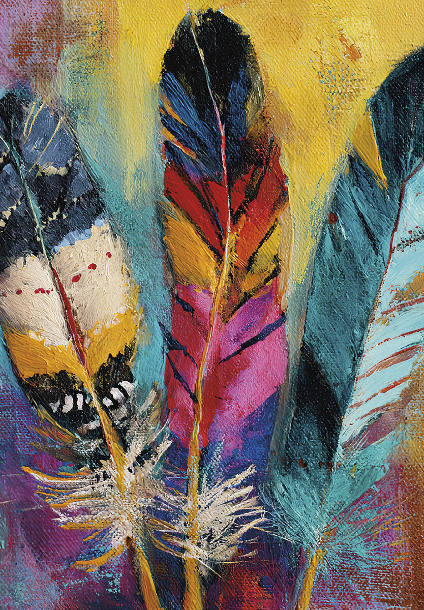 Vibrant textured painting of colorful feathers in red, yellow, blue, and black, against an impressionistic background, perfect for a unique Christmas greeting card; bohemian holiday art, abstract feather design.