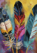 Vibrant textured painting of colorful feathers in red, yellow, blue, and black, against an impressionistic background, perfect for a unique Christmas greeting card; bohemian holiday art, abstract feather design.