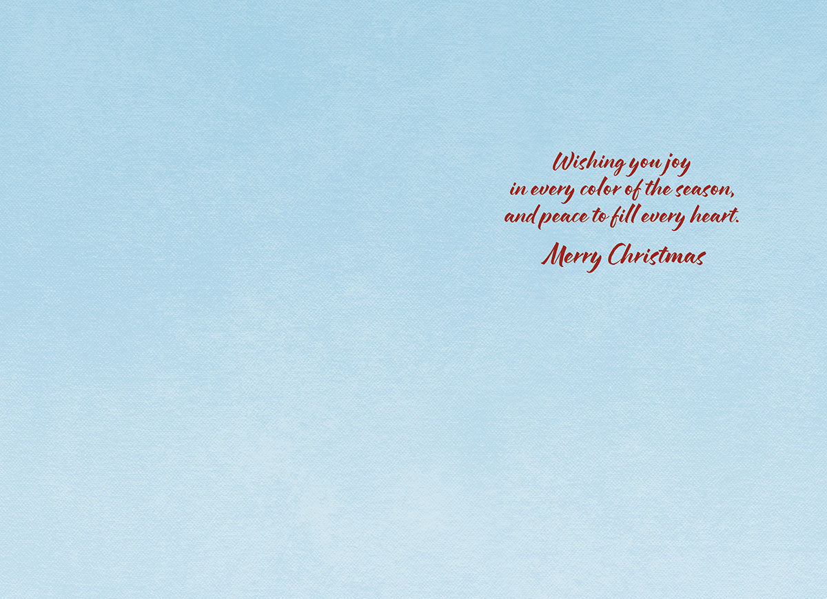 Inside of a light blue greeting card featuring a heartfelt red script message: 'Wishing you joy in every color of the season, and peace to fill every heart. Merry Christmas.' Ideal for warm seasonal greetings.