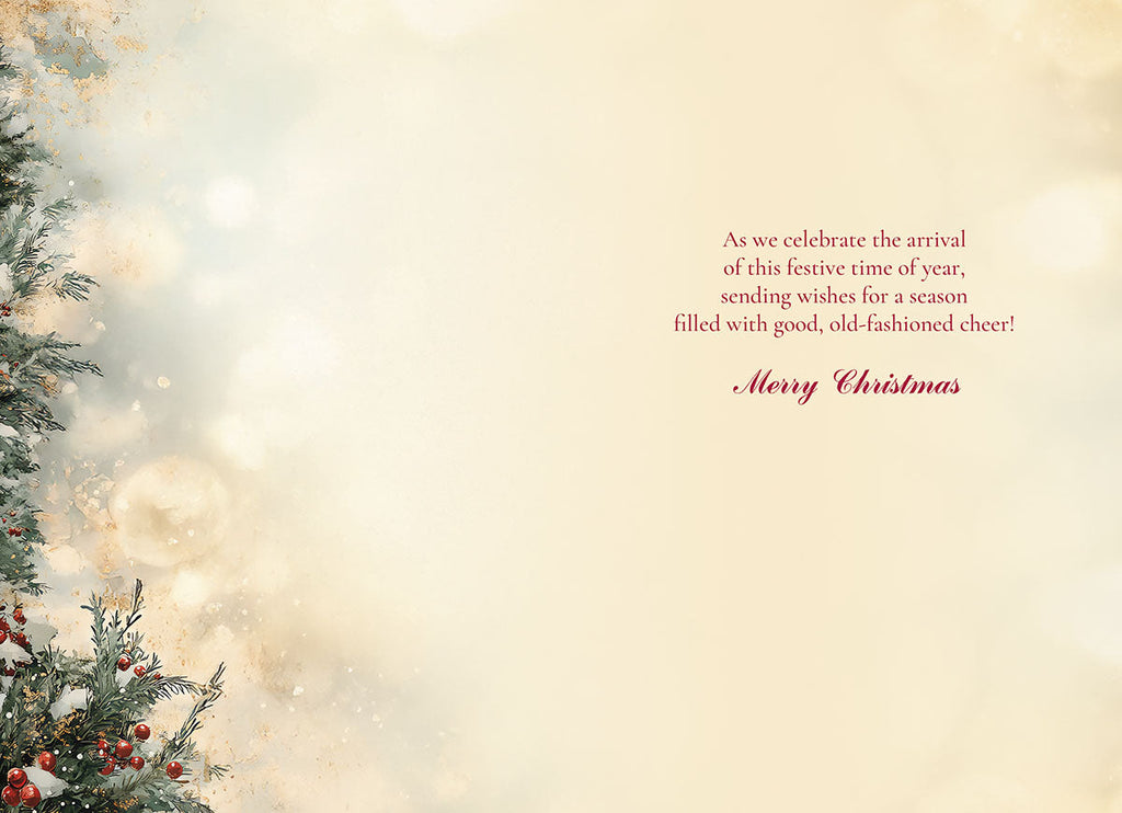 Inside view of a festive greeting card with a message: 'As we celebrate the arrival of this festive time of year, sending wishes for a season filled with good, old-fashioned cheer! Merry Christmas'. The background features soft bokeh lights and a snow-dusted pine branch on the left side.