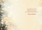 Inside view of a festive greeting card with a message: 'As we celebrate the arrival of this festive time of year, sending wishes for a season filled with good, old-fashioned cheer! Merry Christmas'. The background features soft bokeh lights and a snow-dusted pine branch on the left side.