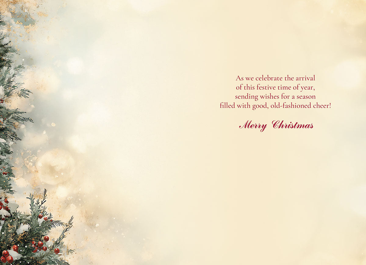 Inside view of a festive greeting card with a message: 'As we celebrate the arrival of this festive time of year, sending wishes for a season filled with good, old-fashioned cheer! Merry Christmas'. The background features soft bokeh lights and a snow-dusted pine branch on the left side.