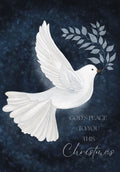 Front of a religious greeting card featuring a white peace dove holding an olive branch against a dark blue starry night sky, with text 'God's Peace to You This Christmas'.