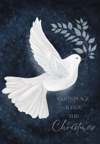Front of a religious greeting card featuring a white peace dove holding an olive branch against a dark blue starry night sky, with text 'God's Peace to You This Christmas'.