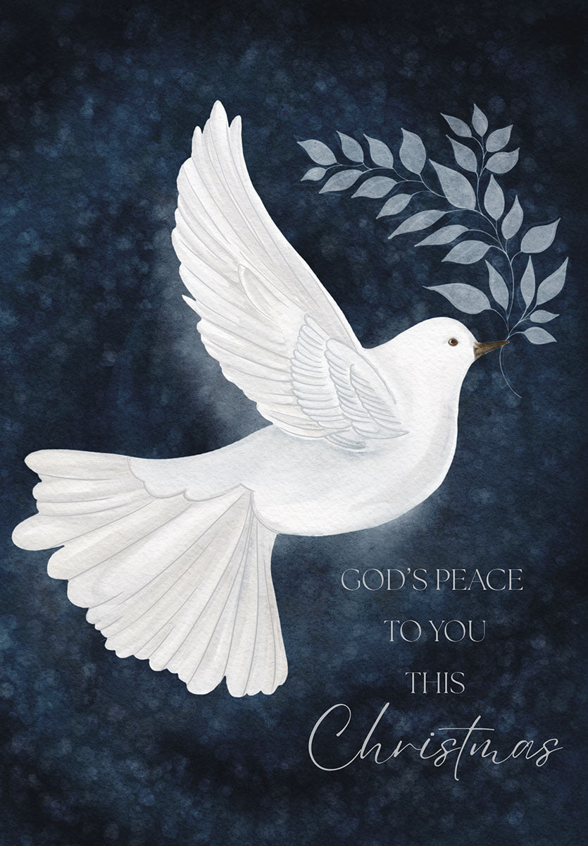 Front of a religious greeting card featuring a white peace dove holding an olive branch against a dark blue starry night sky, with text 'God's Peace to You This Christmas'.