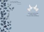 Inside a religious holiday card with two white doves, blue leafy branches, and scripture text 'Romans 15:13: Now the God of hope fill you with all joy and peace' and '...and may His blessings of hope and joy be yours today and always'.