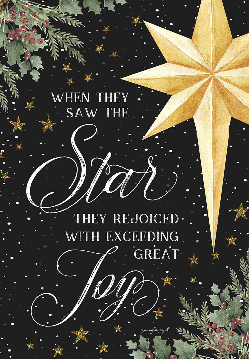 Front of a religious holiday greeting card featuring a radiant golden star against a dark, starry night sky with watercolor holly and berries. Elegant white script reads 'When they saw the Star they rejoiced with exceeding great Joy'.
